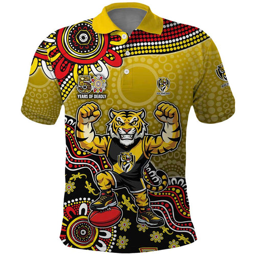 Personalized Richmond Tigers  Football Mascot Polo Shirt Aboriginal Dot Art Style Vibrant Indigenous Pattern Design
