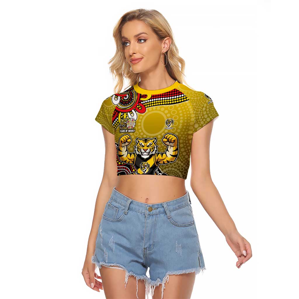 Personalized Richmond Tigers  Football Mascot Raglan Cropped T Shirt Aboriginal Dot Art Style Vibrant Indigenous Pattern Design