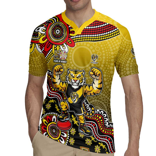 Personalized Richmond Tigers  Football Mascot Rugby Jersey Aboriginal Dot Art Style Vibrant Indigenous Pattern Design