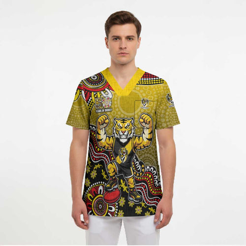 Personalized Richmond Tigers  Football Mascot Scrub Top Aboriginal Dot Art Style Vibrant Indigenous Pattern Design