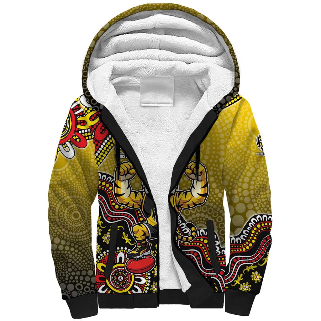 Personalized Richmond Tigers  Football Mascot Sherpa Hoodie Aboriginal Dot Art Style Vibrant Indigenous Pattern Design