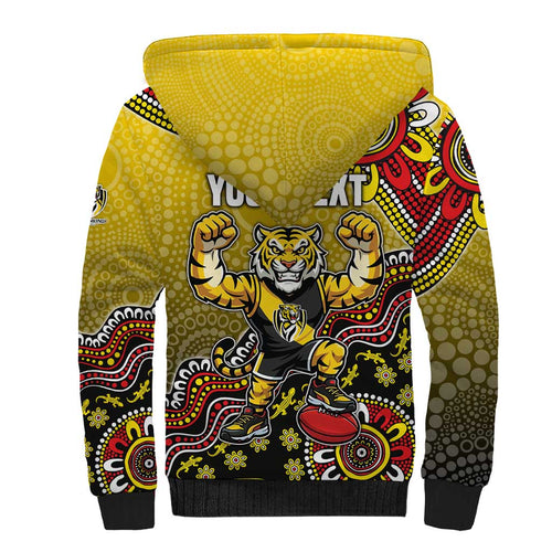 Personalized Richmond Tigers  Football Mascot Sherpa Hoodie Aboriginal Dot Art Style Vibrant Indigenous Pattern Design