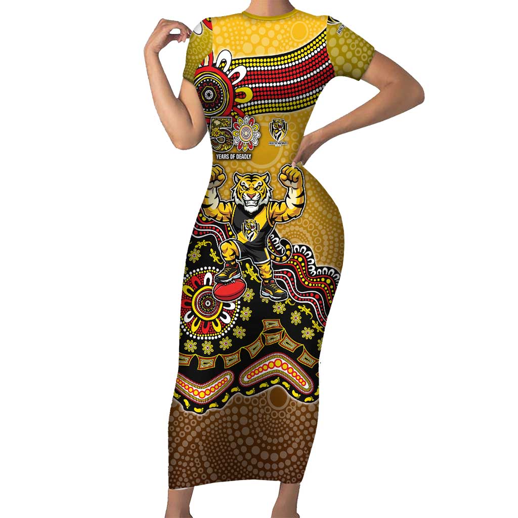 Personalized Richmond Tigers  Football Mascot Short Sleeve Bodycon Dress Aboriginal Dot Art Style Vibrant Indigenous Pattern Design