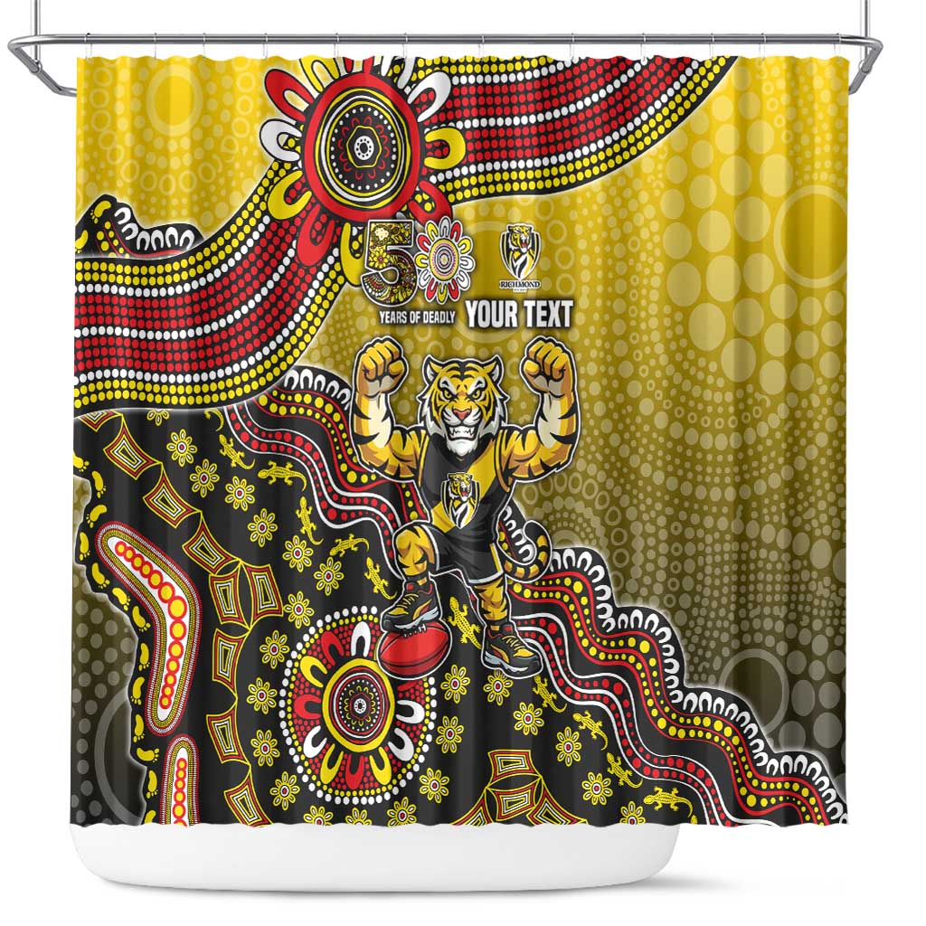 Personalized Richmond Tigers  Football Mascot Shower Curtain Aboriginal Dot Art Style Vibrant Indigenous Pattern Design