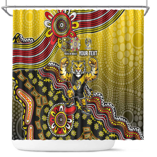 Personalized Richmond Tigers  Football Mascot Shower Curtain Aboriginal Dot Art Style Vibrant Indigenous Pattern Design