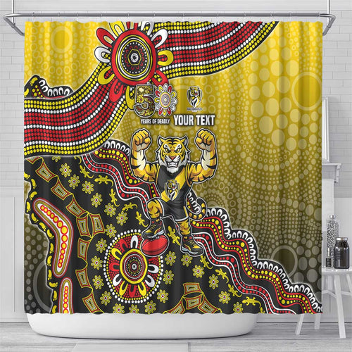 Personalized Richmond Tigers  Football Mascot Shower Curtain Aboriginal Dot Art Style Vibrant Indigenous Pattern Design