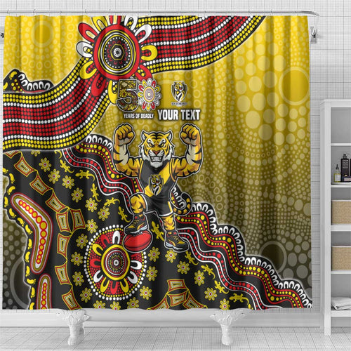 Personalized Richmond Tigers  Football Mascot Shower Curtain Aboriginal Dot Art Style Vibrant Indigenous Pattern Design