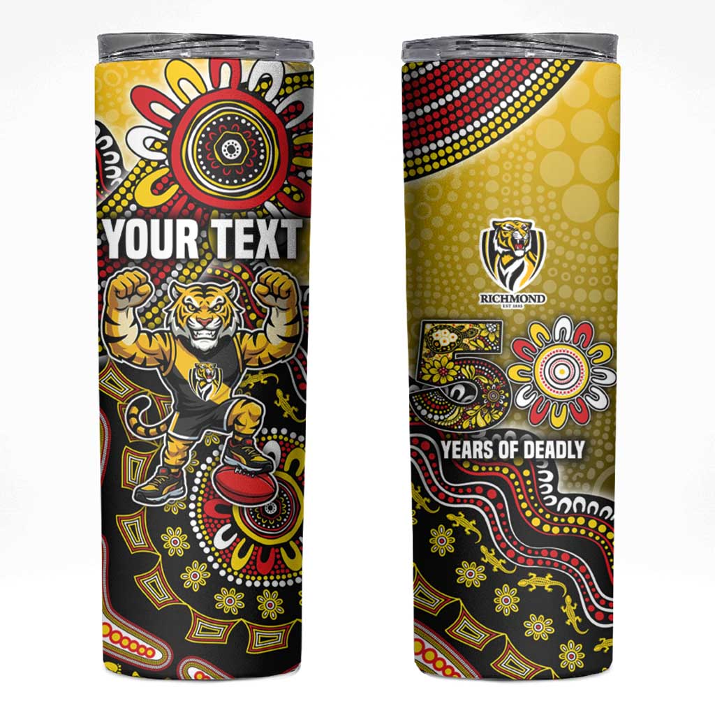 Personalized Richmond Tigers  Football Mascot Skinny Tumbler Aboriginal Dot Art Style Vibrant Indigenous Pattern Design