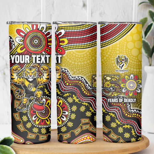 Personalized Richmond Tigers  Football Mascot Skinny Tumbler Aboriginal Dot Art Style Vibrant Indigenous Pattern Design