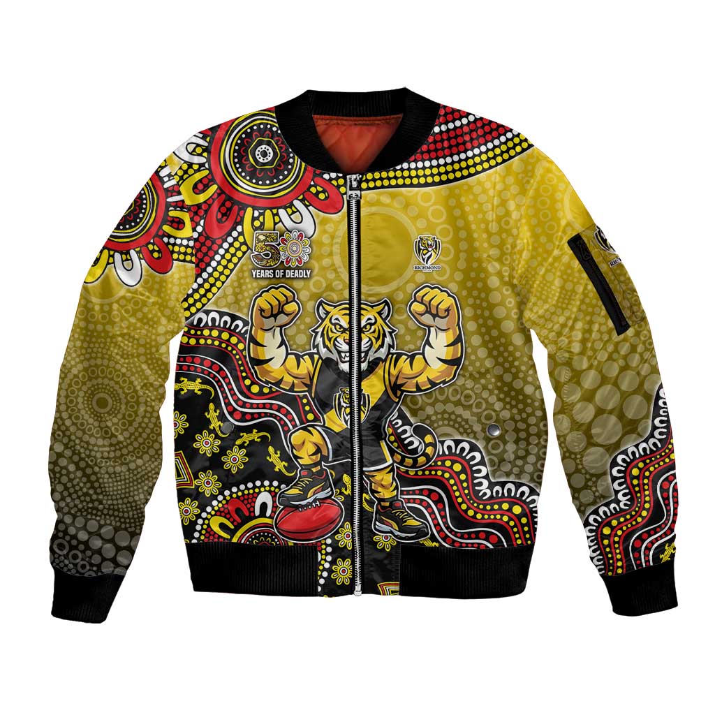 Personalized Richmond Tigers  Football Mascot Sleeve Zip Bomber Jacket Aboriginal Dot Art Style Vibrant Indigenous Pattern Design