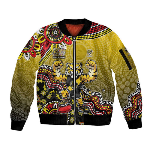 Personalized Richmond Tigers  Football Mascot Sleeve Zip Bomber Jacket Aboriginal Dot Art Style Vibrant Indigenous Pattern Design