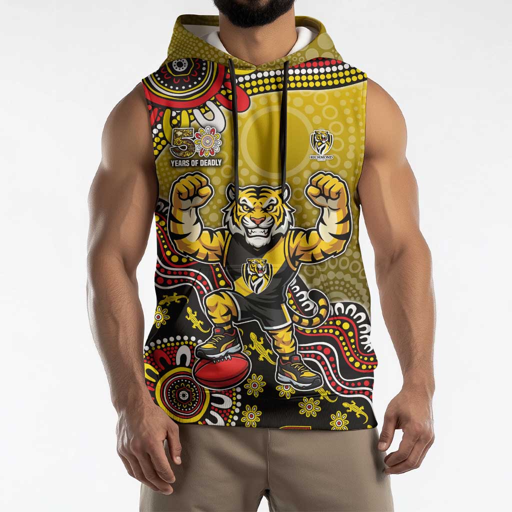 Personalized Richmond Tigers  Football Mascot Sleeveless Hoodie Aboriginal Dot Art Style Vibrant Indigenous Pattern Design