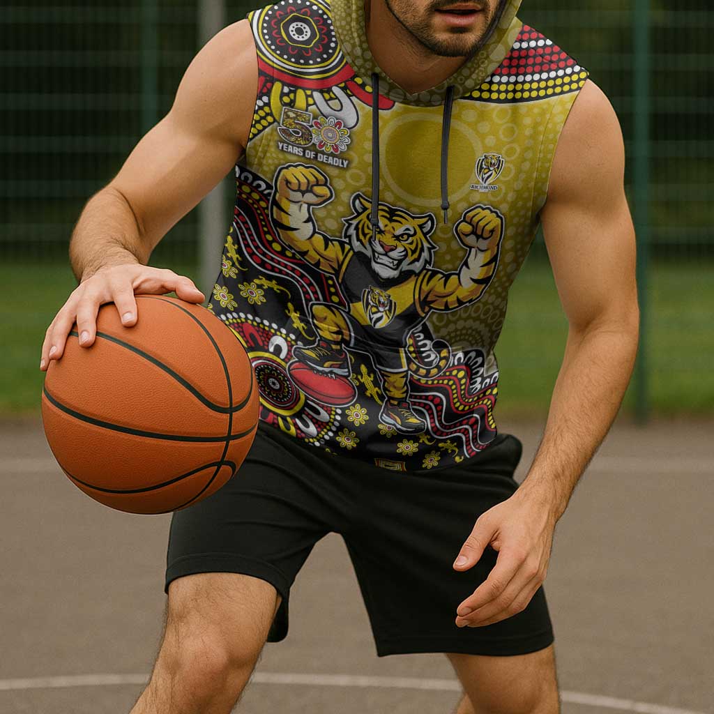 Personalized Richmond Tigers  Football Mascot Sleeveless Hoodie Aboriginal Dot Art Style Vibrant Indigenous Pattern Design