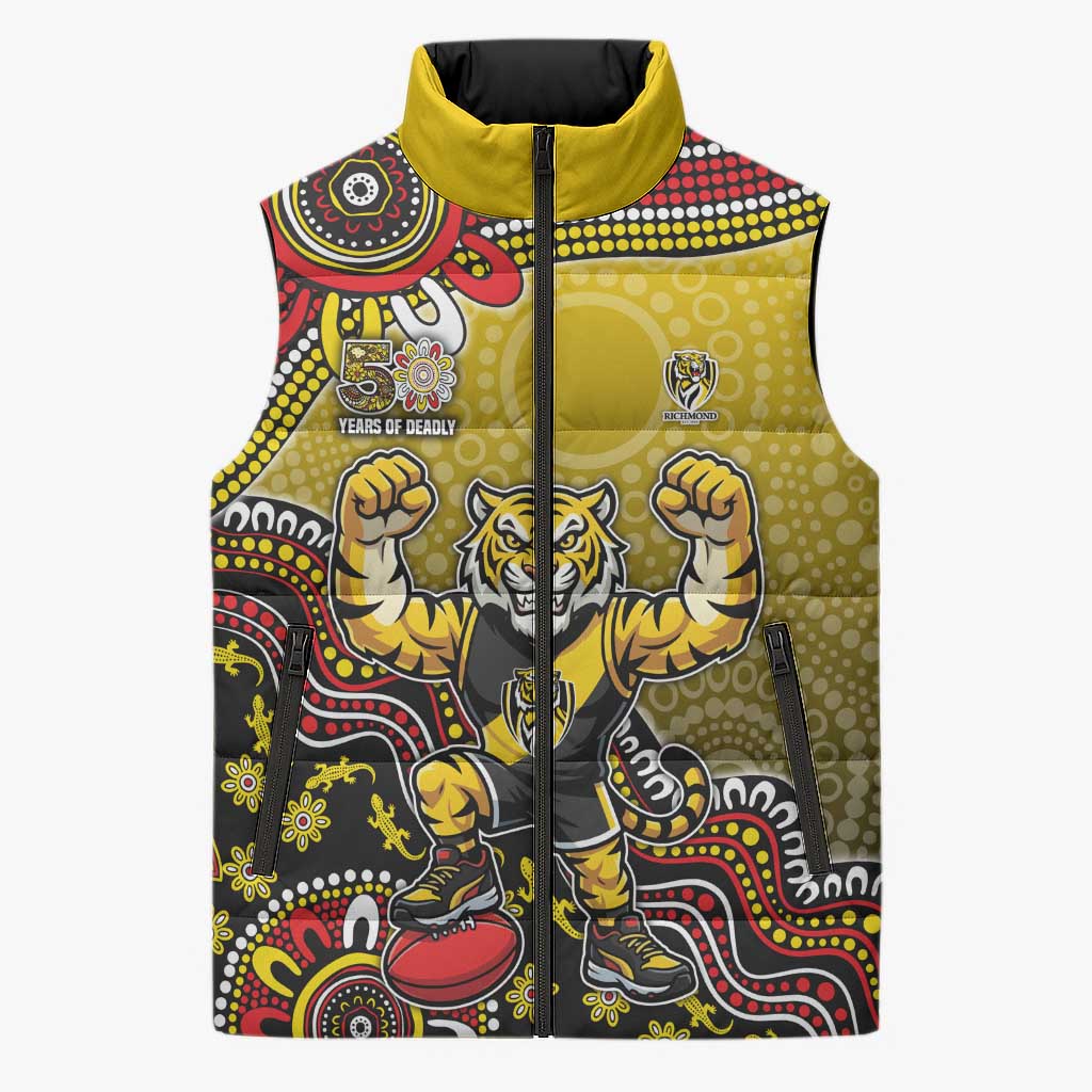 Personalized Richmond Tigers  Football Mascot Sleeveless Puffer Jacket Aboriginal Dot Art Style Vibrant Indigenous Pattern Design