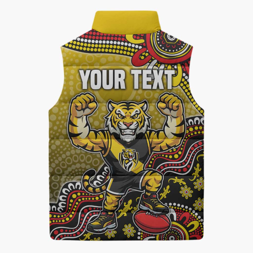 Personalized Richmond Tigers  Football Mascot Sleeveless Puffer Jacket Aboriginal Dot Art Style Vibrant Indigenous Pattern Design