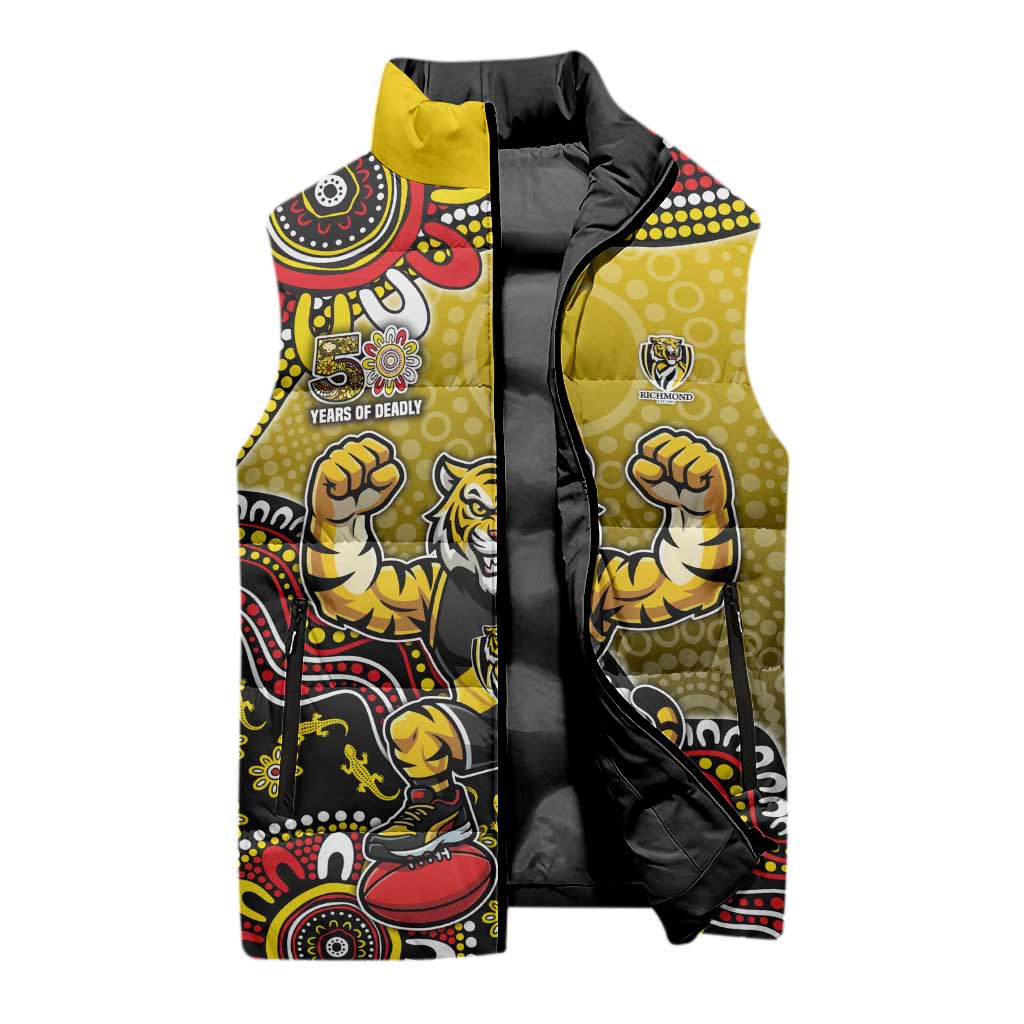 Personalized Richmond Tigers  Football Mascot Sleeveless Puffer Jacket Aboriginal Dot Art Style Vibrant Indigenous Pattern Design