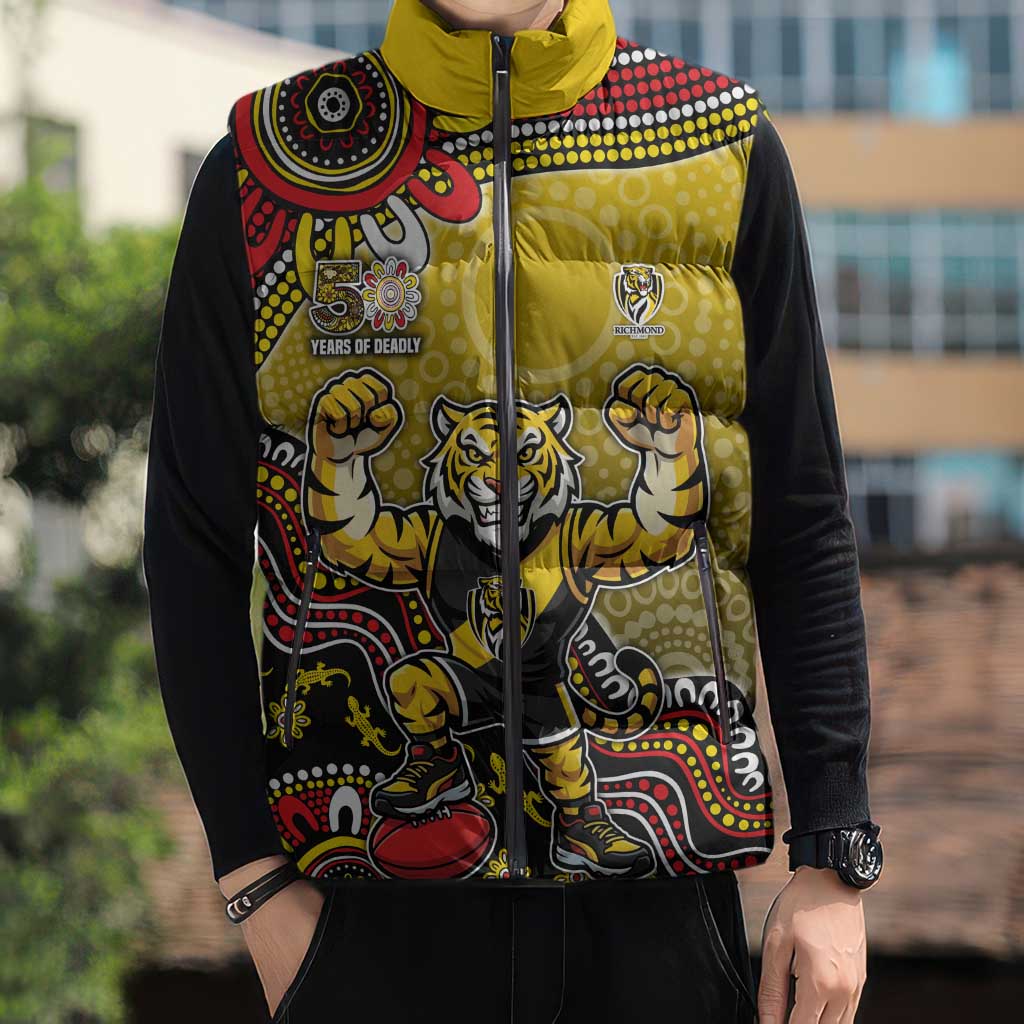 Personalized Richmond Tigers  Football Mascot Sleeveless Puffer Jacket Aboriginal Dot Art Style Vibrant Indigenous Pattern Design