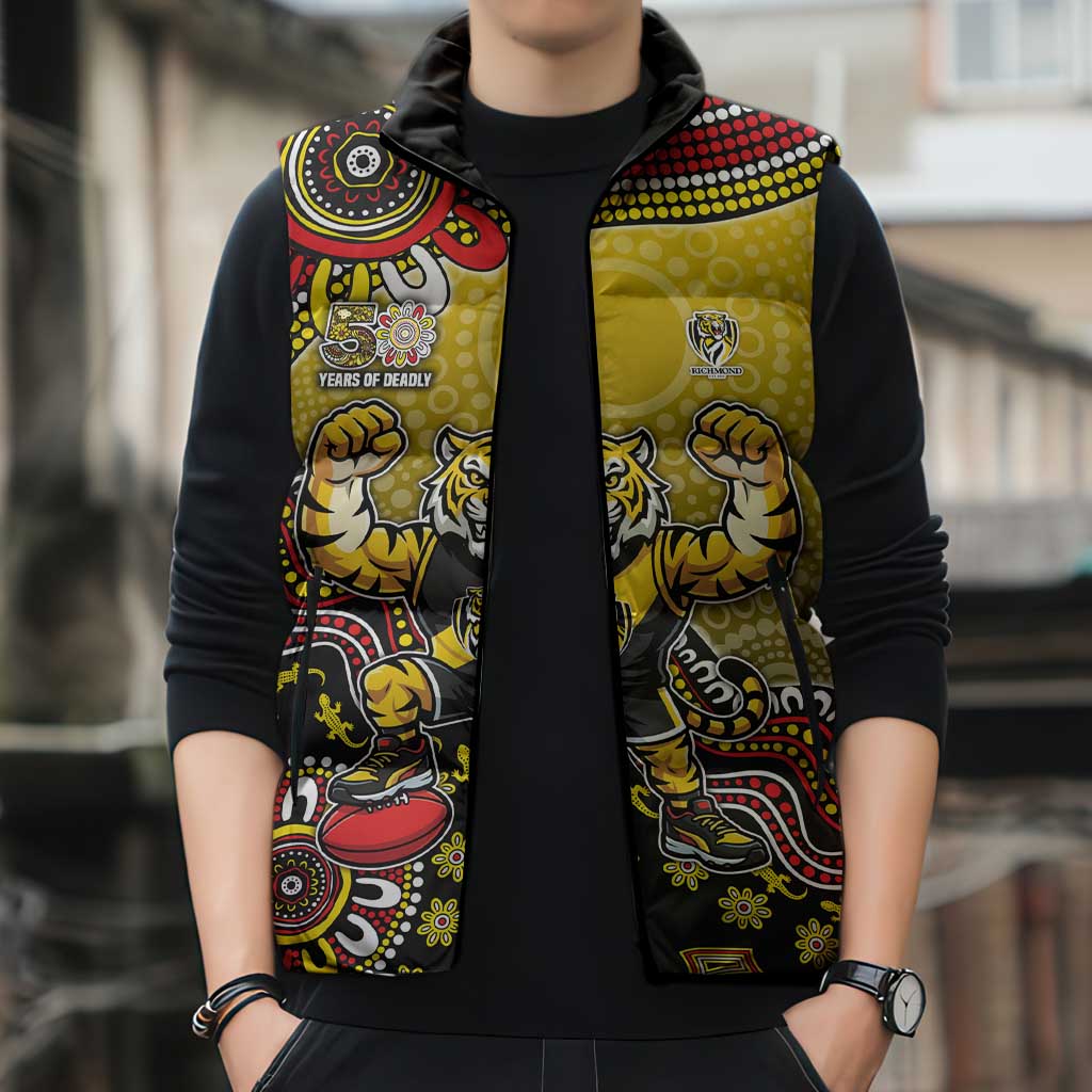 Personalized Richmond Tigers  Football Mascot Sleeveless Puffer Jacket Aboriginal Dot Art Style Vibrant Indigenous Pattern Design