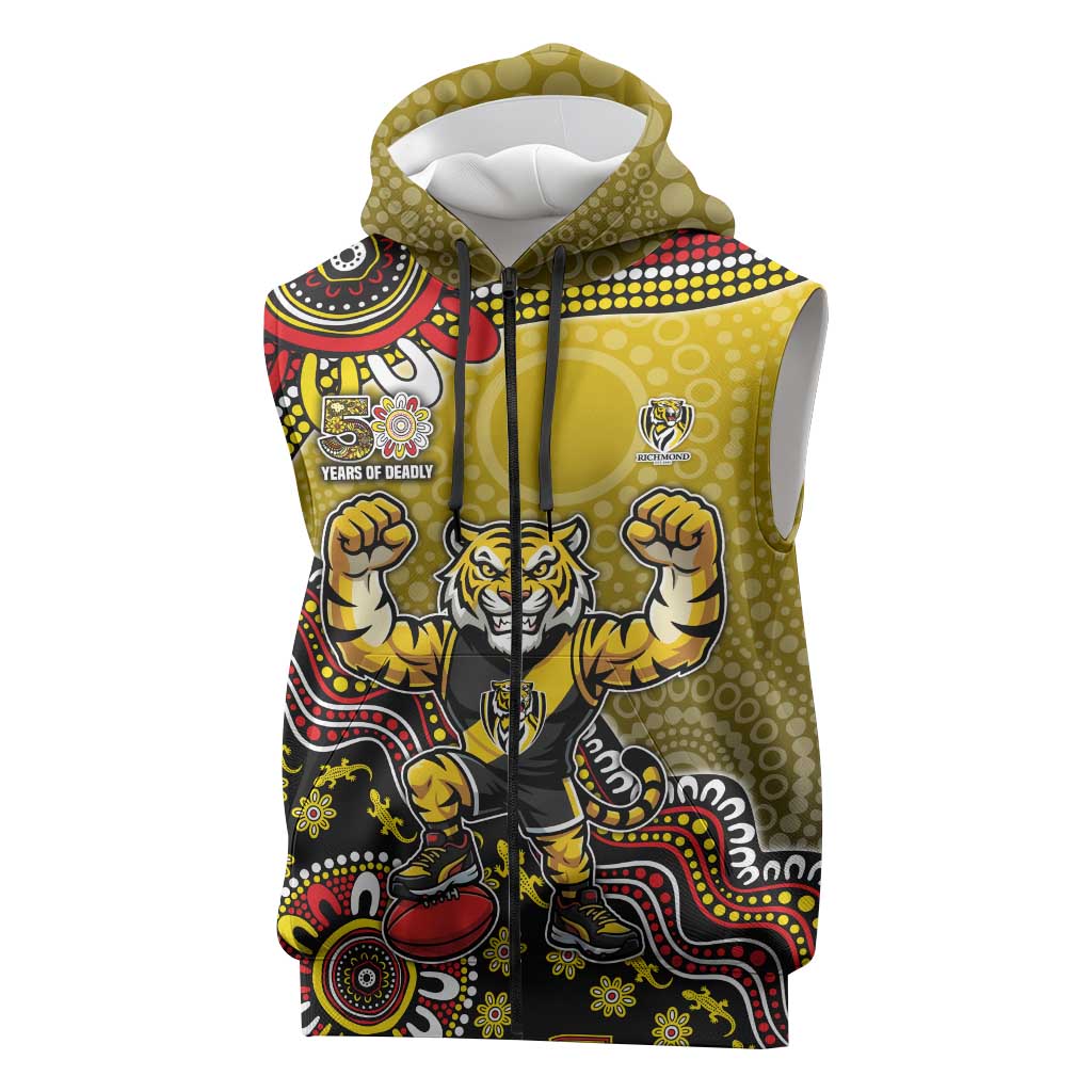 Personalized Richmond Tigers  Football Mascot Sleeveless Zip Hoodie Aboriginal Dot Art Style Vibrant Indigenous Pattern Design