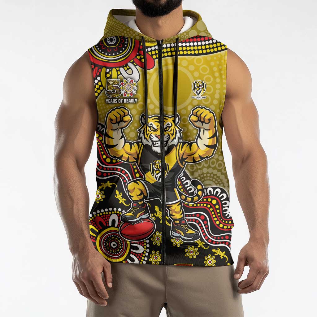 Personalized Richmond Tigers  Football Mascot Sleeveless Zip Hoodie Aboriginal Dot Art Style Vibrant Indigenous Pattern Design