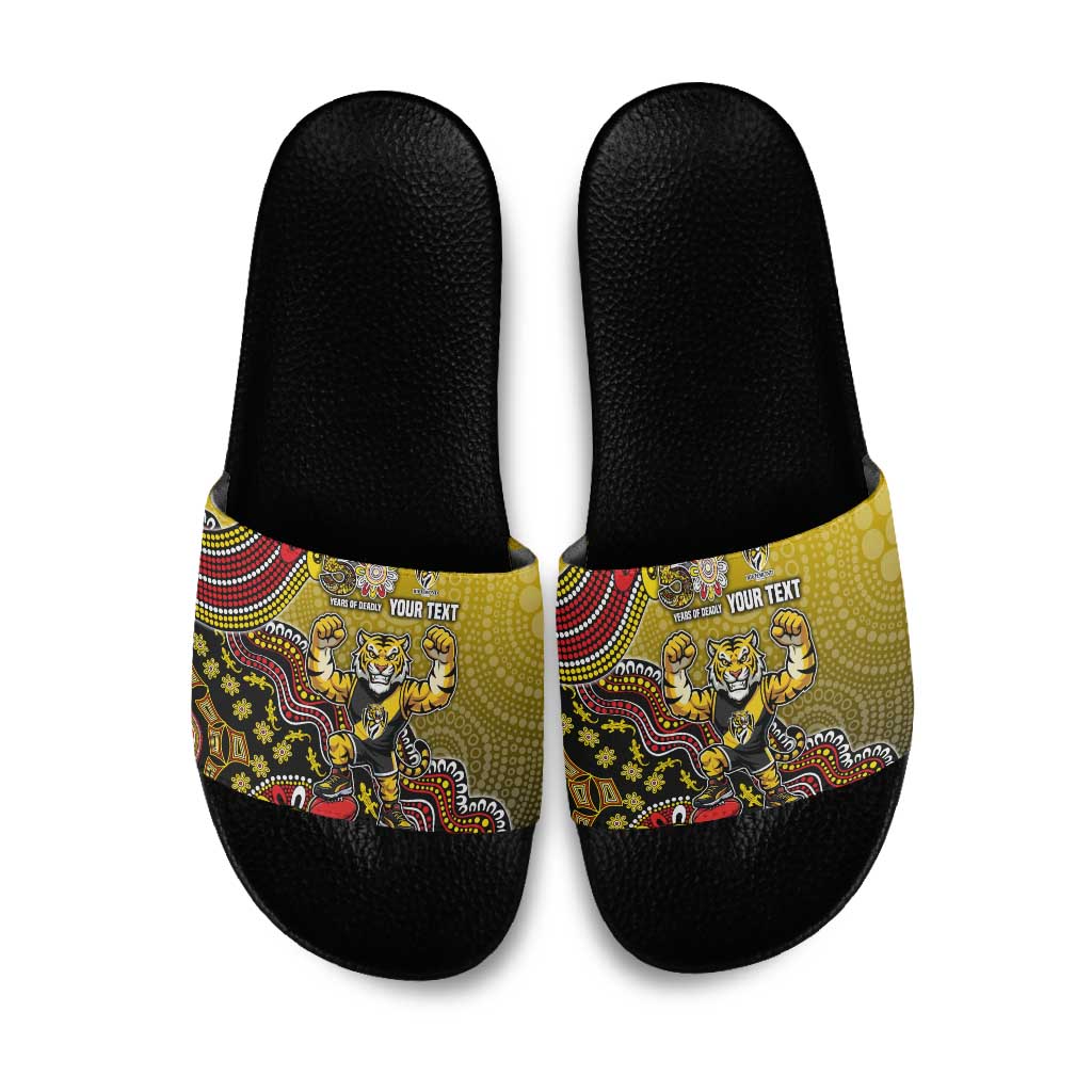 Personalized Richmond Tigers  Football Mascot Slide Sandals Aboriginal Dot Art Style Vibrant Indigenous Pattern Design