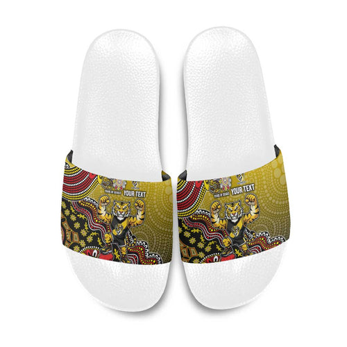 Personalized Richmond Tigers  Football Mascot Slide Sandals Aboriginal Dot Art Style Vibrant Indigenous Pattern Design