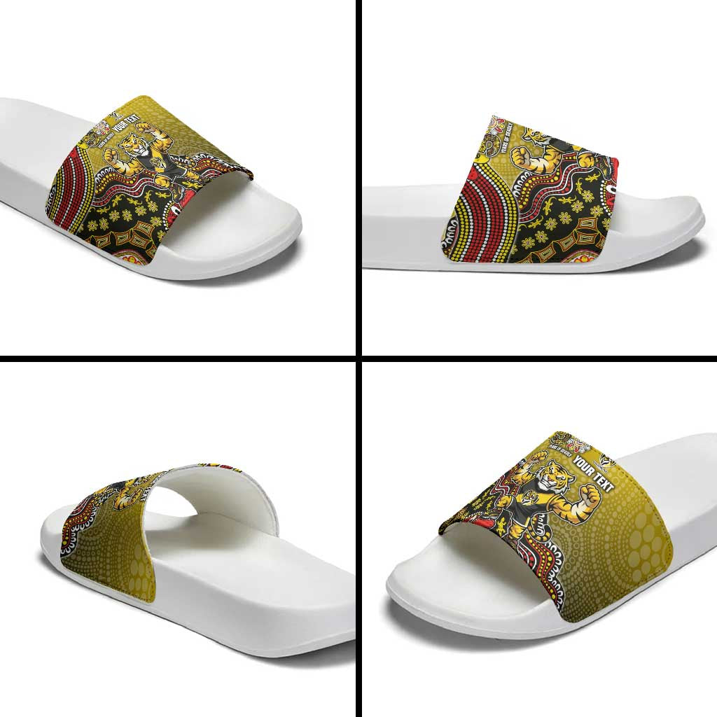 Personalized Richmond Tigers  Football Mascot Slide Sandals Aboriginal Dot Art Style Vibrant Indigenous Pattern Design