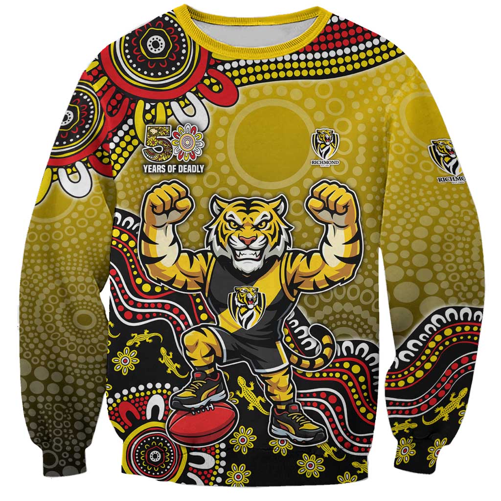 Personalized Richmond Tigers  Football Mascot Sweatshirt Aboriginal Dot Art Style Vibrant Indigenous Pattern Design