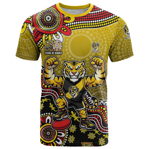 Personalized Richmond Tigers  Football Mascot T Shirt Aboriginal Dot Art Style Vibrant Indigenous Pattern Design