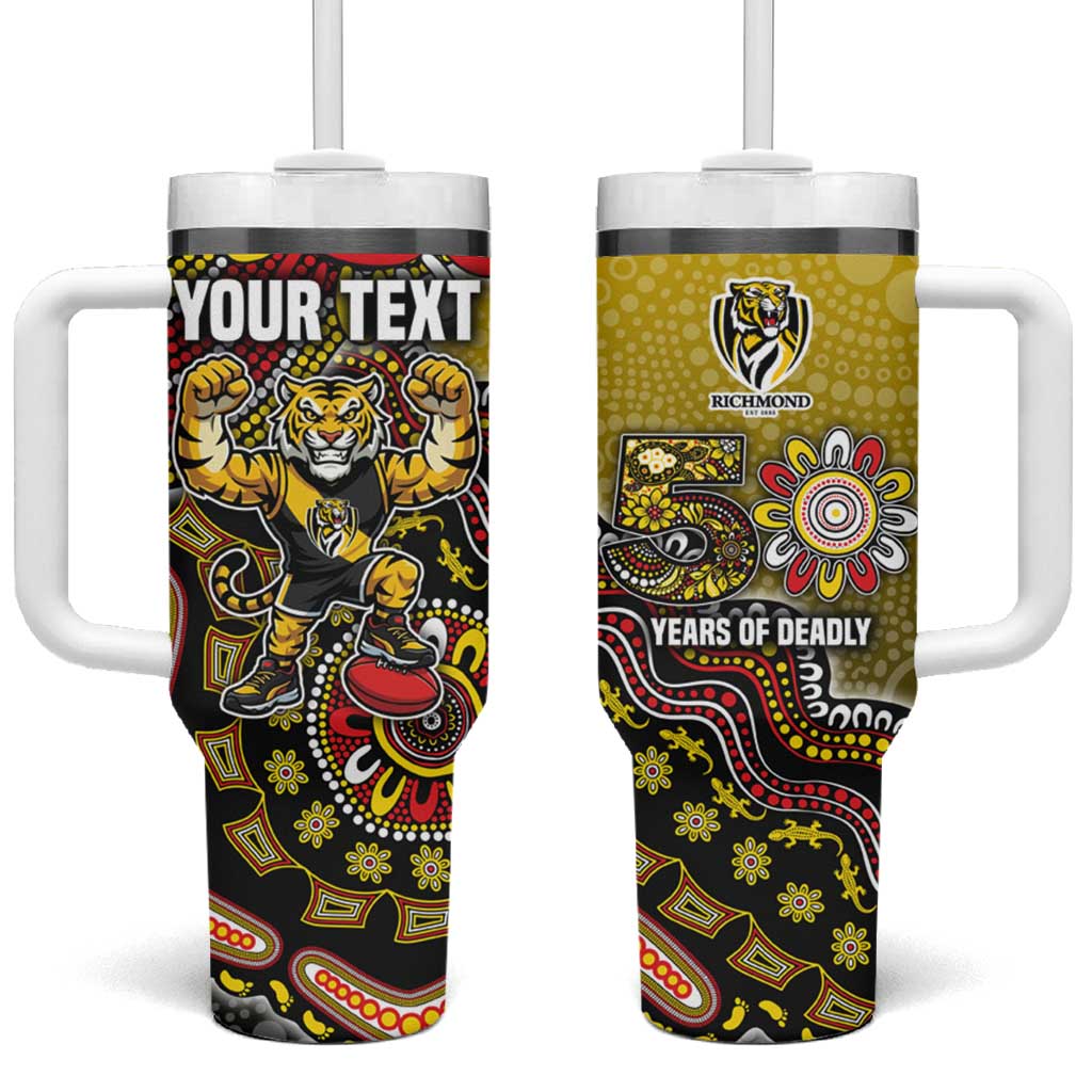Personalized Richmond Tigers  Football Mascot Tumbler With Handle Aboriginal Dot Art Style Vibrant Indigenous Pattern Design