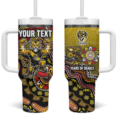 Personalized Richmond Tigers  Football Mascot Tumbler With Handle Aboriginal Dot Art Style Vibrant Indigenous Pattern Design