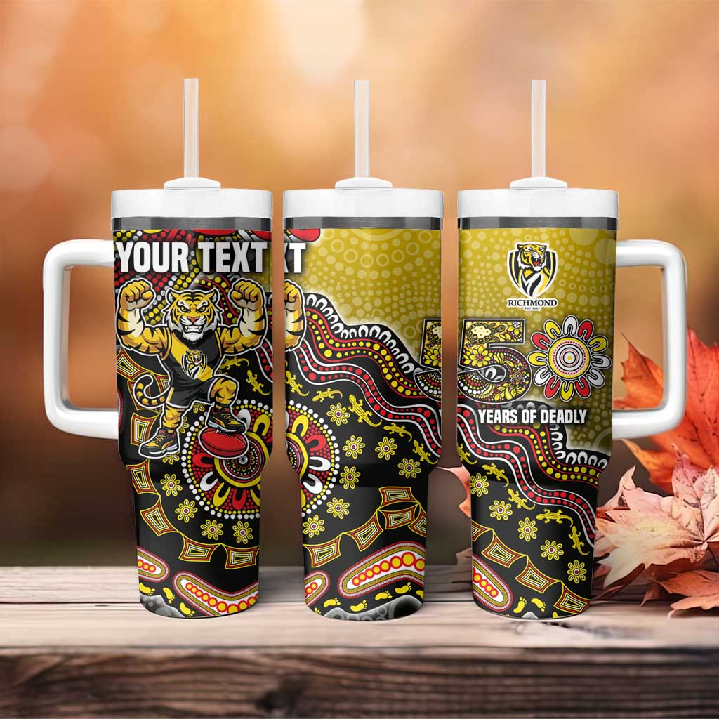 Personalized Richmond Tigers  Football Mascot Tumbler With Handle Aboriginal Dot Art Style Vibrant Indigenous Pattern Design