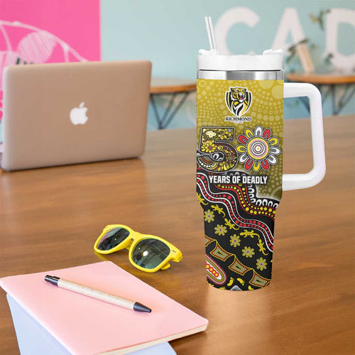 Personalized Richmond Tigers  Football Mascot Tumbler With Handle Aboriginal Dot Art Style Vibrant Indigenous Pattern Design