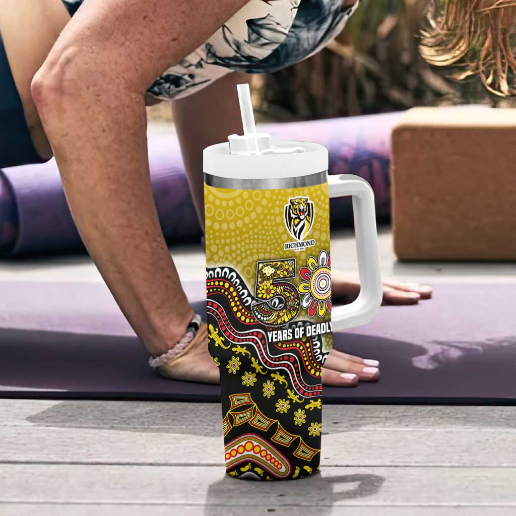 Personalized Richmond Tigers  Football Mascot Tumbler With Handle Aboriginal Dot Art Style Vibrant Indigenous Pattern Design