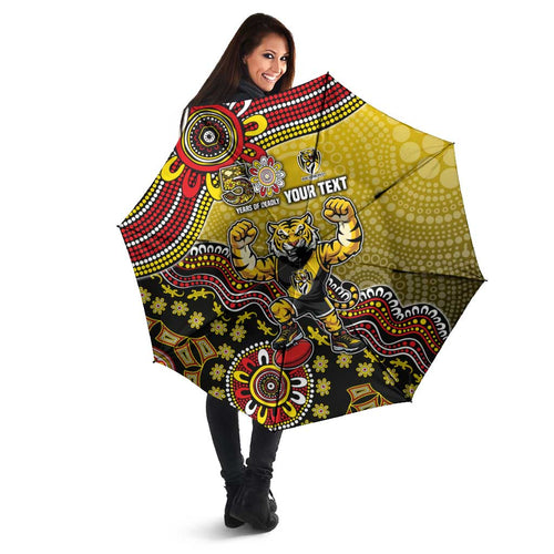 Personalized Richmond Tigers  Football Mascot Umbrella Aboriginal Dot Art Style Vibrant Indigenous Pattern Design