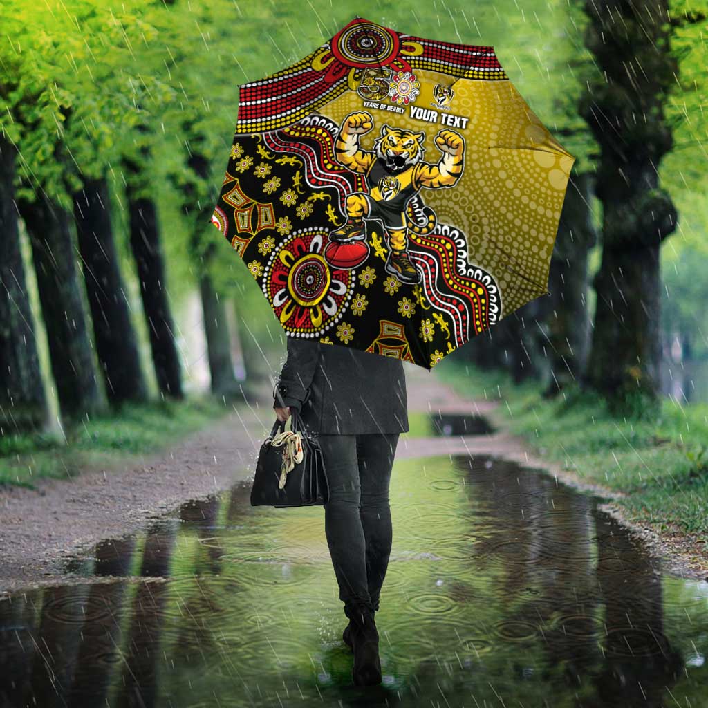 Personalized Richmond Tigers  Football Mascot Umbrella Aboriginal Dot Art Style Vibrant Indigenous Pattern Design