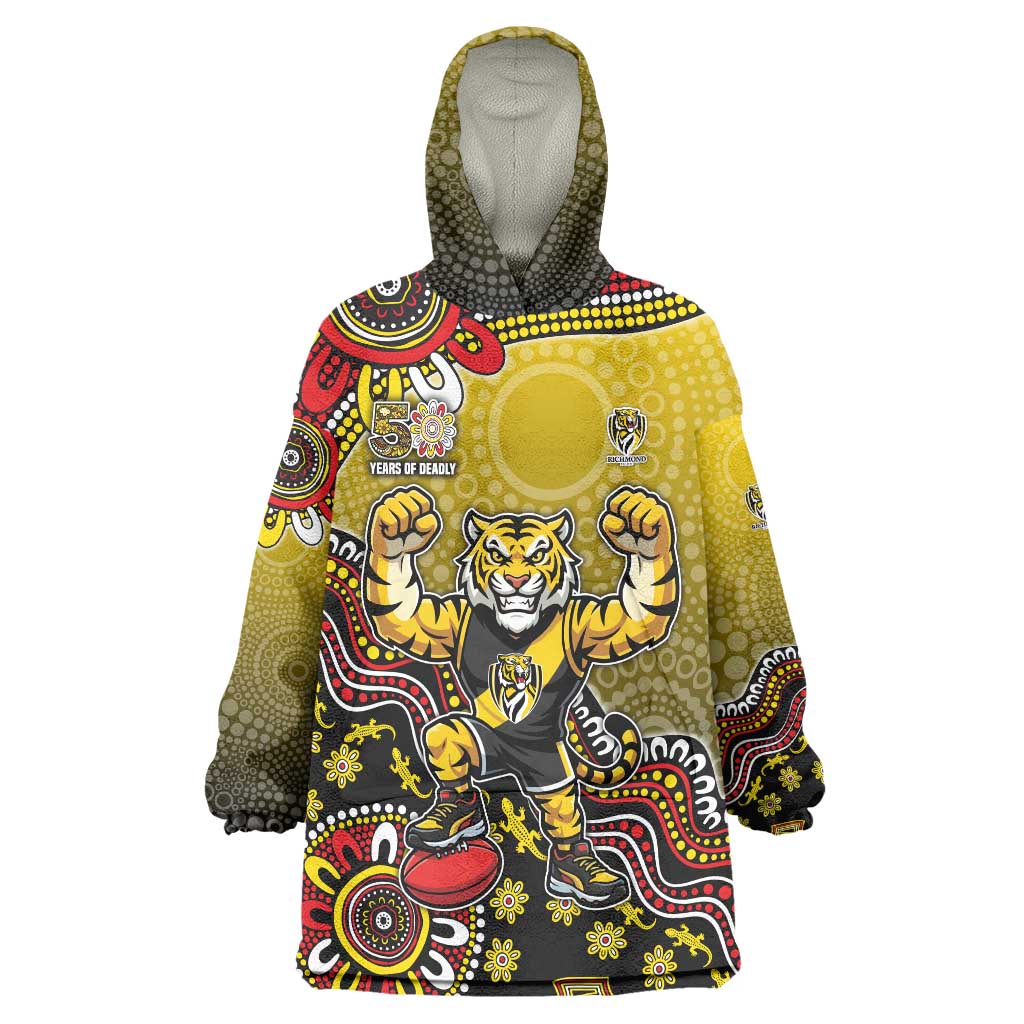 Personalized Richmond Tigers  Football Mascot Wearable Blanket Hoodie Aboriginal Dot Art Style Vibrant Indigenous Pattern Design