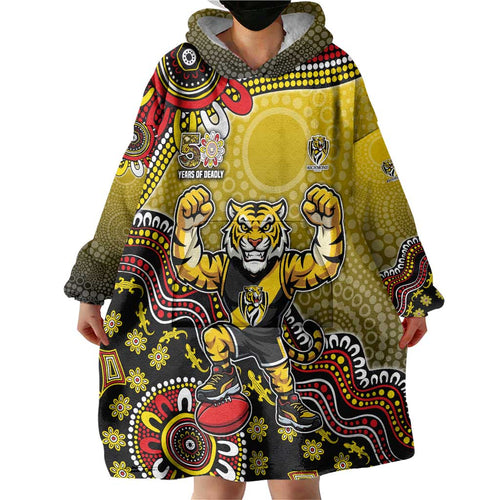 Personalized Richmond Tigers  Football Mascot Wearable Blanket Hoodie Aboriginal Dot Art Style Vibrant Indigenous Pattern Design