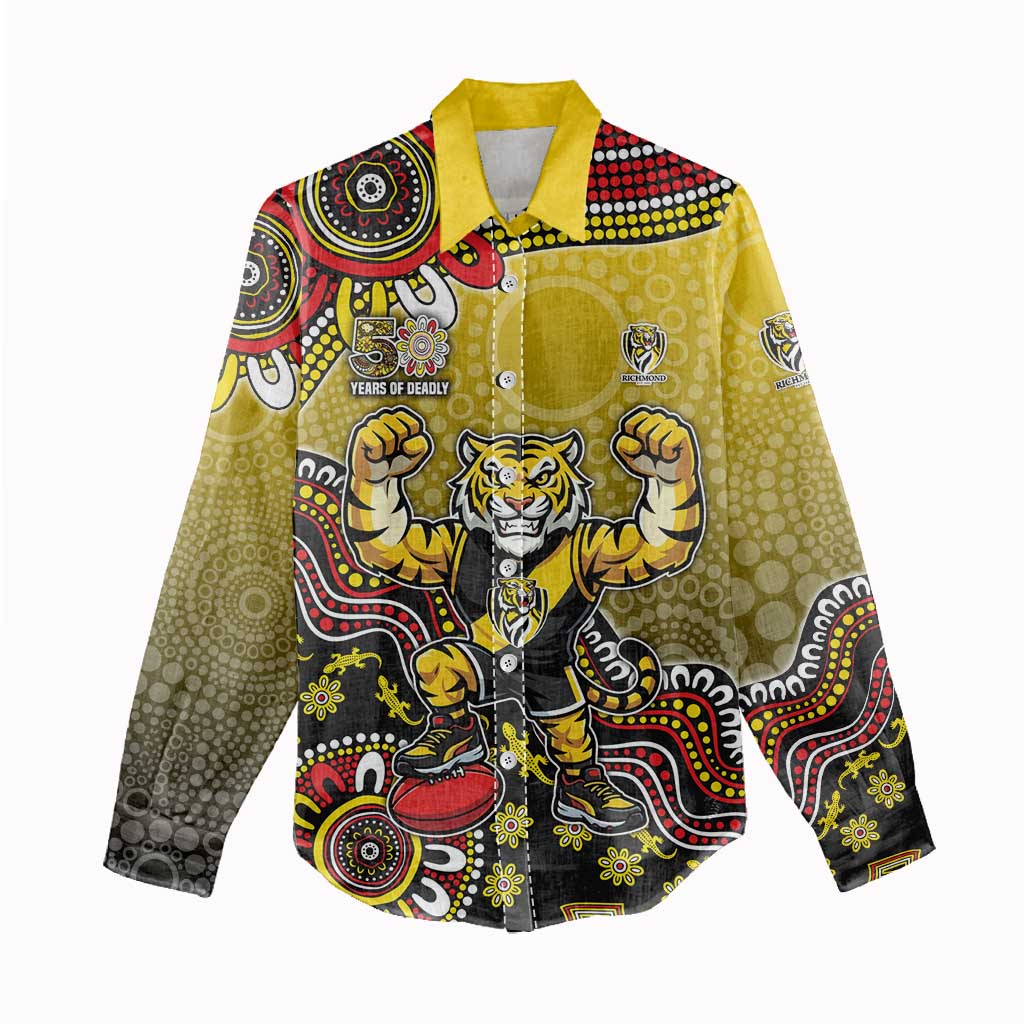 Personalized Richmond Tigers  Football Mascot Women Casual Shirt Aboriginal Dot Art Style Vibrant Indigenous Pattern Design