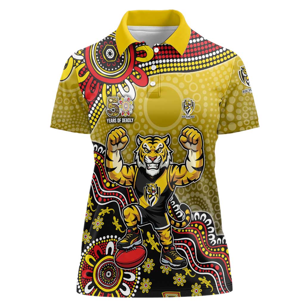 Personalized Richmond Tigers  Football Mascot Women Polo Shirt Aboriginal Dot Art Style Vibrant Indigenous Pattern Design