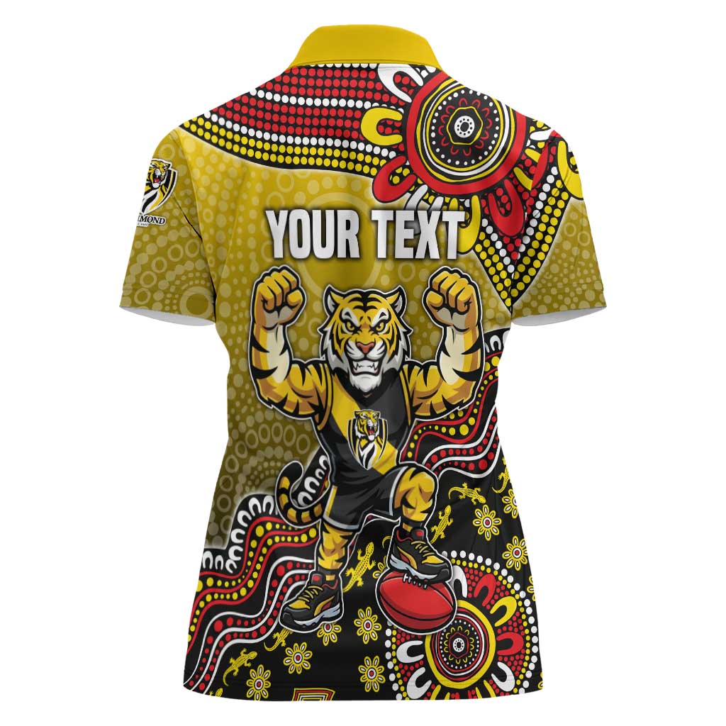 Personalized Richmond Tigers  Football Mascot Women Polo Shirt Aboriginal Dot Art Style Vibrant Indigenous Pattern Design