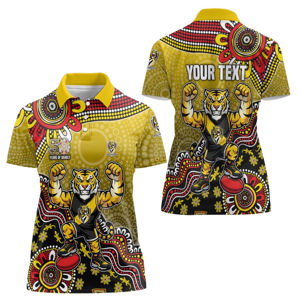 Personalized Richmond Tigers  Football Mascot Women Polo Shirt Aboriginal Dot Art Style Vibrant Indigenous Pattern Design