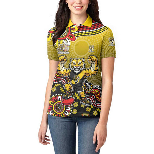 Personalized Richmond Tigers  Football Mascot Women Polo Shirt Aboriginal Dot Art Style Vibrant Indigenous Pattern Design