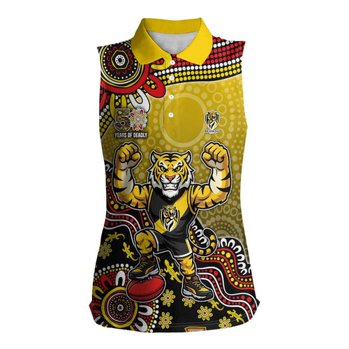 Personalized Richmond Tigers  Football Mascot Women Sleeveless Polo Shirt Aboriginal Dot Art Style Vibrant Indigenous Pattern Design