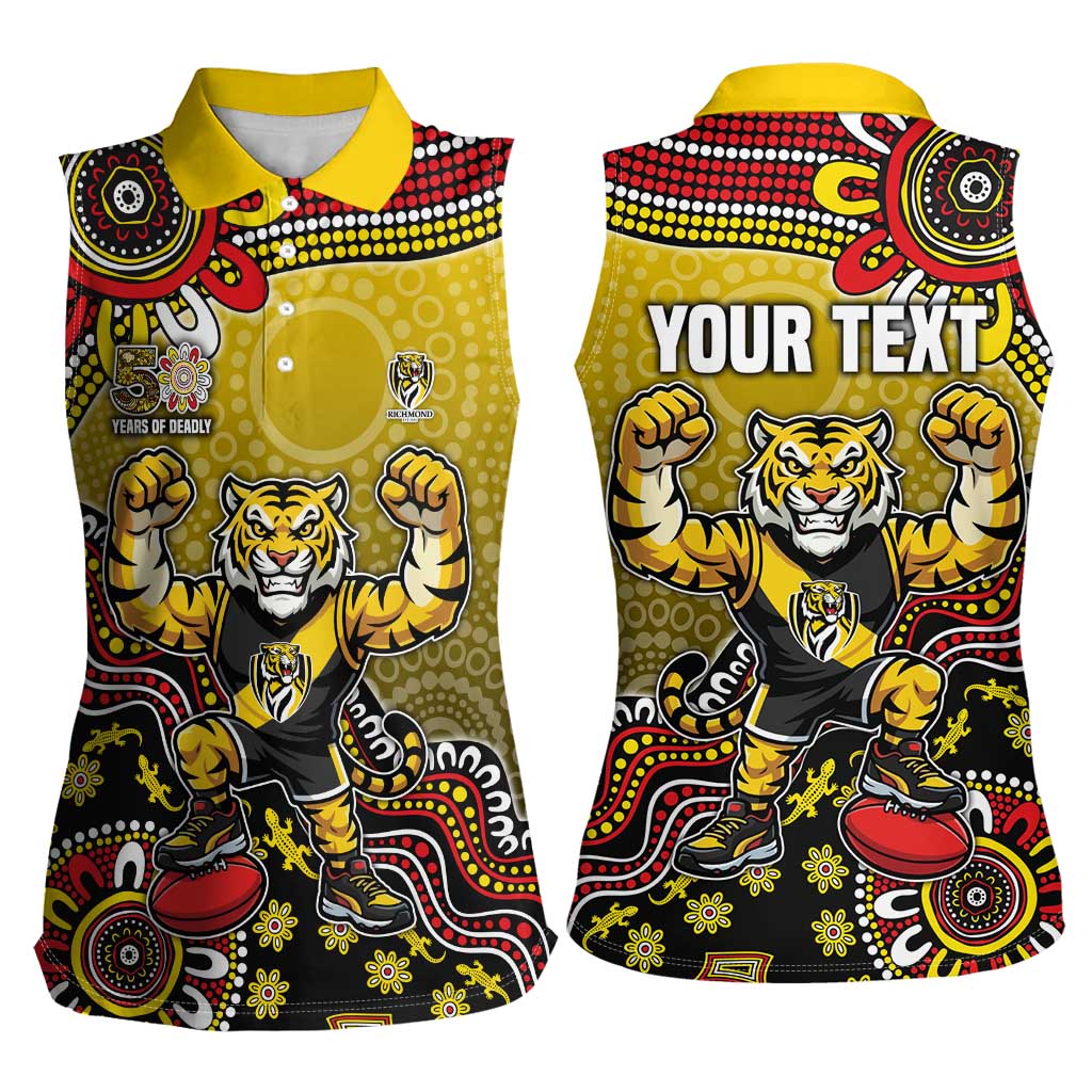 Personalized Richmond Tigers  Football Mascot Women Sleeveless Polo Shirt Aboriginal Dot Art Style Vibrant Indigenous Pattern Design