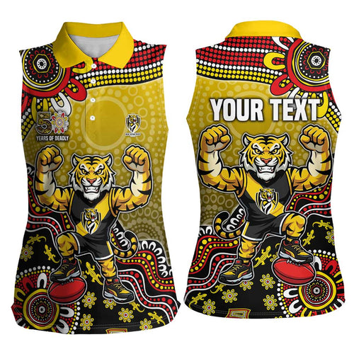 Personalized Richmond Tigers  Football Mascot Women Sleeveless Polo Shirt Aboriginal Dot Art Style Vibrant Indigenous Pattern Design