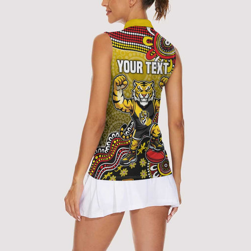 Personalized Richmond Tigers  Football Mascot Women Sleeveless Polo Shirt Aboriginal Dot Art Style Vibrant Indigenous Pattern Design