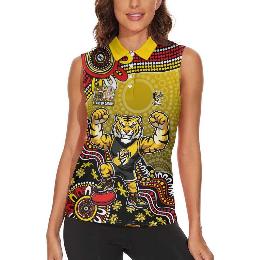 Personalized Richmond Tigers  Football Mascot Women Sleeveless Polo Shirt Aboriginal Dot Art Style Vibrant Indigenous Pattern Design