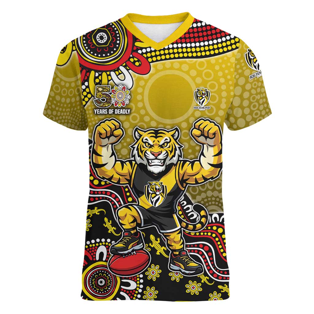 Personalized Richmond Tigers  Football Mascot Women V-Neck T-Shirt Aboriginal Dot Art Style Vibrant Indigenous Pattern Design