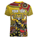 Personalized Richmond Tigers  Football Mascot Women V-Neck T-Shirt Aboriginal Dot Art Style Vibrant Indigenous Pattern Design